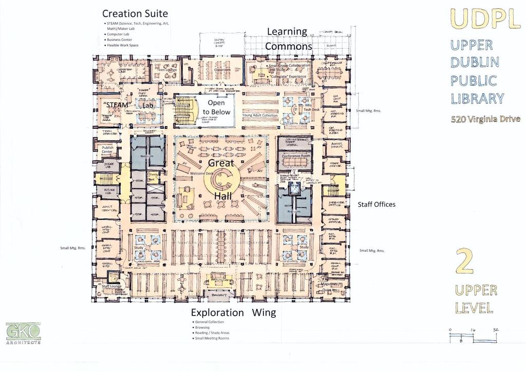 Master Plan Proposed Upper Level Floor Plan Concept Plan General Collection, Creation Suite, and Learning Commons on Upper Level Convenience Sky light areas Maker Space Creation Suite Learning
