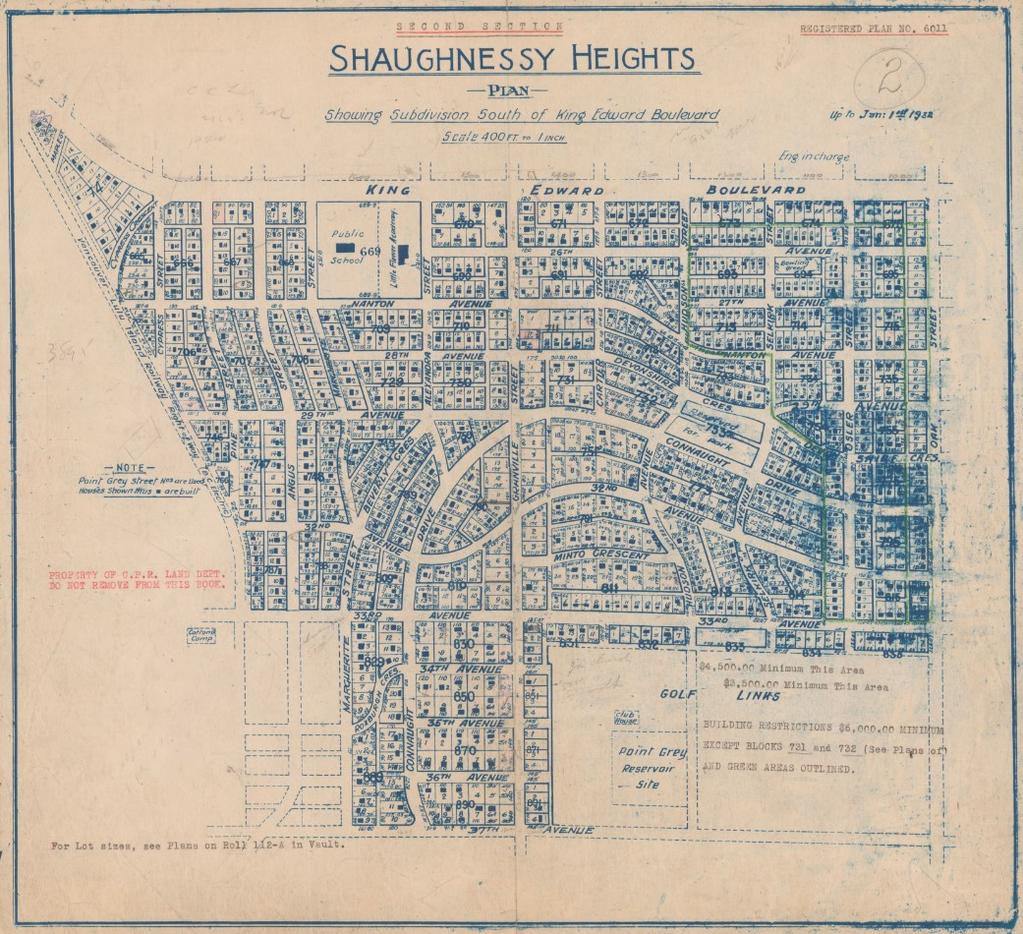 Shaughnessy Heights Property Owners Association Spring 2017 Figure 1 shows how things looked in 1932. The small squares depict houses that had already been built. 時已建成的房屋.