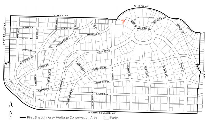 Shaughnessy Heights Property Owners Association Spring 2017 Crescent is inexplicable. It seems the houses here were cut out of Shaughnessy arbitrarily, possibly by a cartographic error.