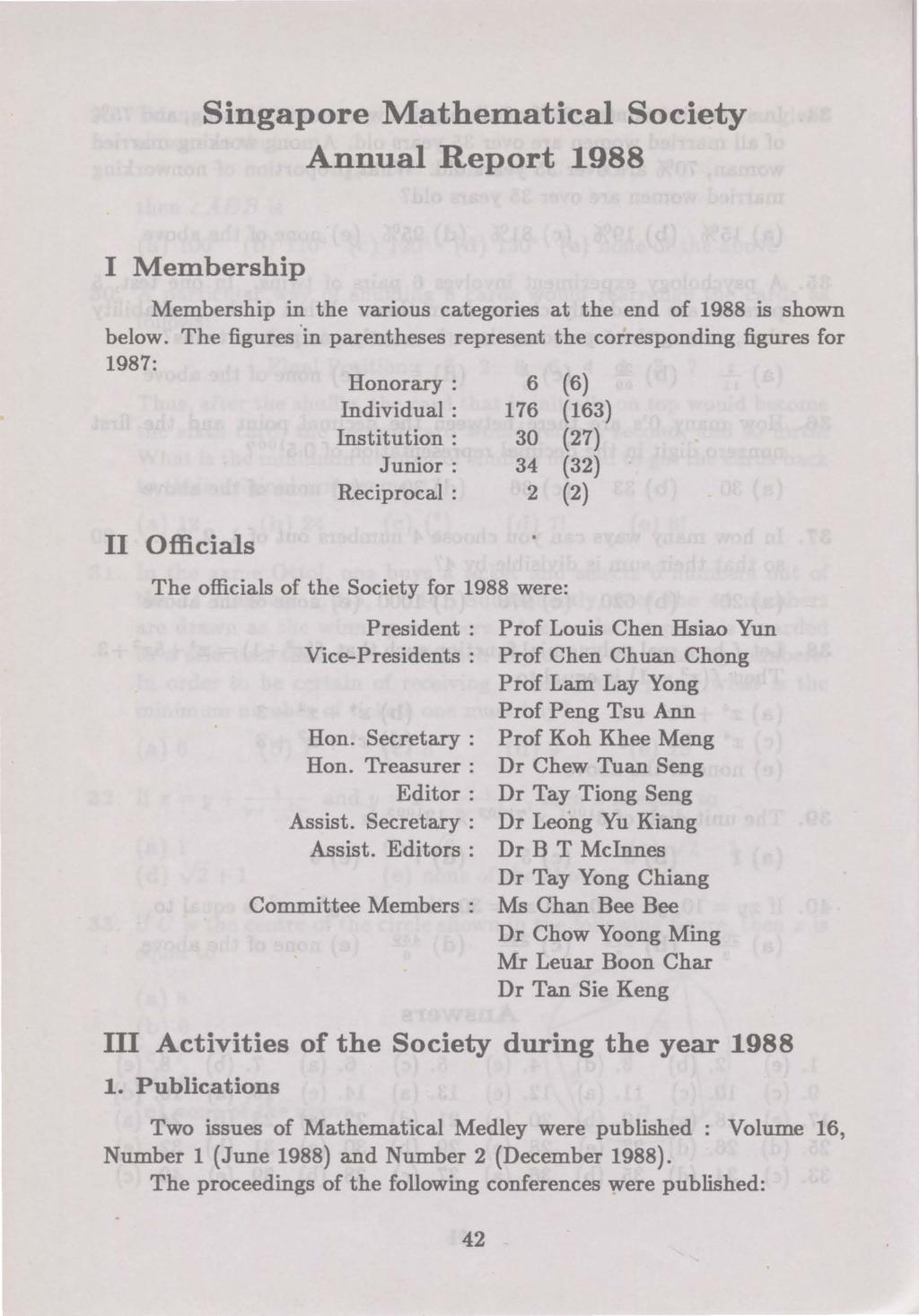 Singapore Mathematical Society Annual Report 1988 I Membership Membership in the various categories at the end of 1988 is shown below.
