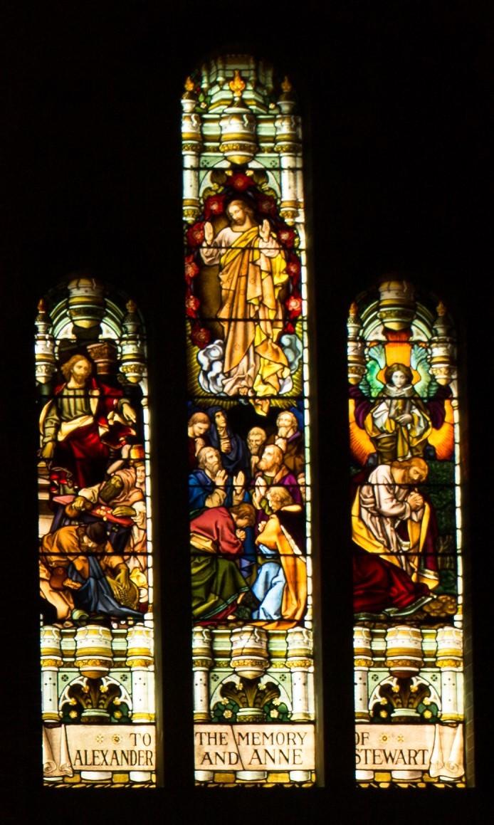 The stained glass window at Saint Andrew s church in the northern wall on the right hand side was dedicated in memory of Alexander and Anne Stewart in 1922.