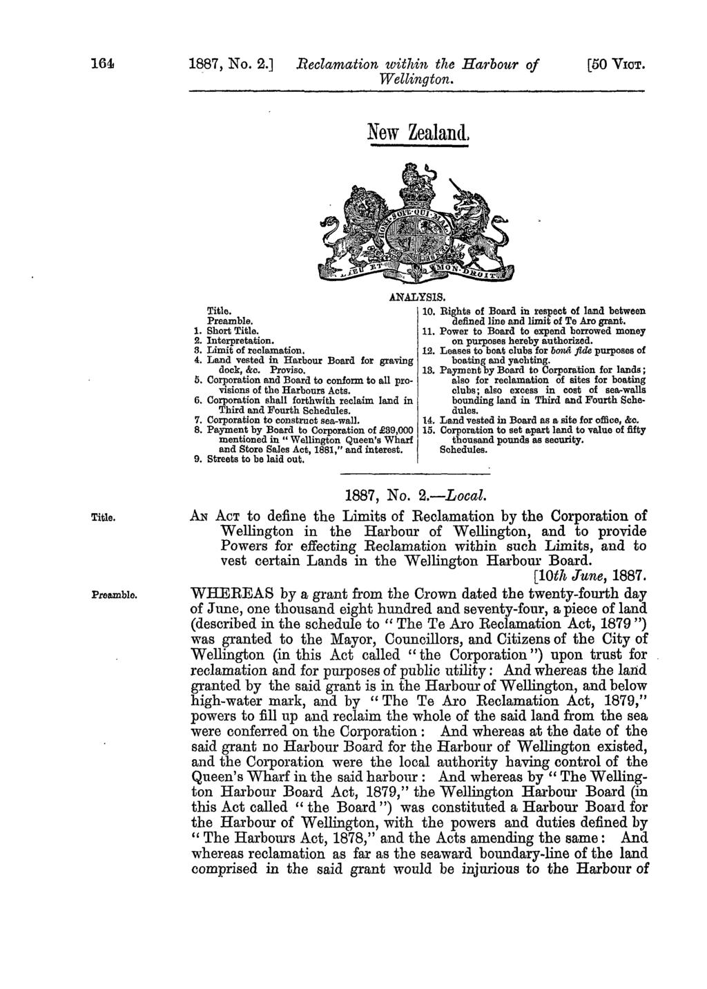 1641 1887, No. 2.J Reclamation 'Within the Ha1'bour of [50 VIOT. ANALYSIS. Title. Preamble. 1. Short Title. 2. Interpretation. S. Limit of reclamation. 4.