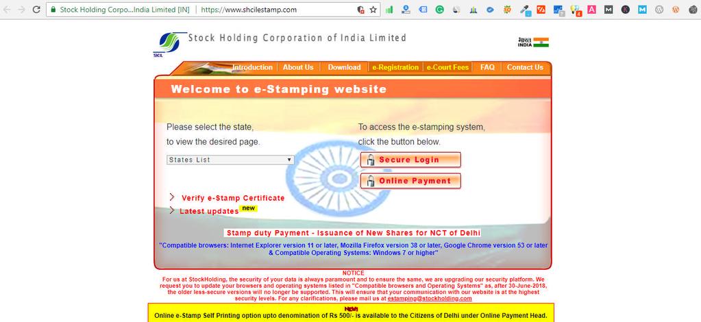 Figure 2: e-stamping Website (Ref: https://www.shcilestamp.com/& Odisha Stamp (Payment of Duty by means of e-stamping) Rules, 2015) b.