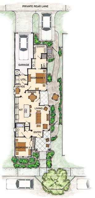 floor plan allows for views from the kitchen, dining, and living areas to the side courtyard Private side