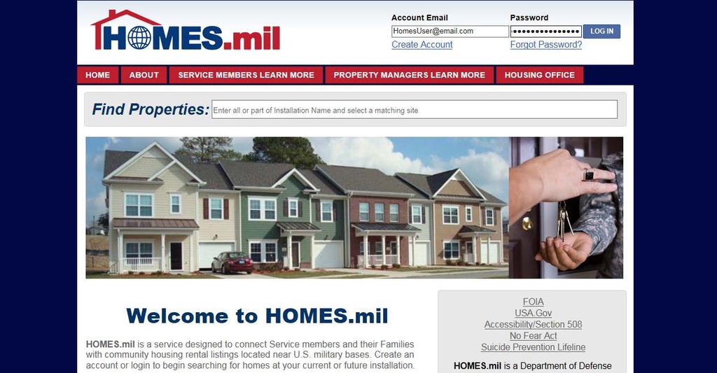 This is the Welcome to HOMES.mil page.