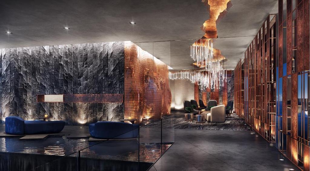 Indoor Lobby Lounge: The indoor lobby and juristic area continue the theme from outside, cocooned in a luxurious cave-like experience of copper,