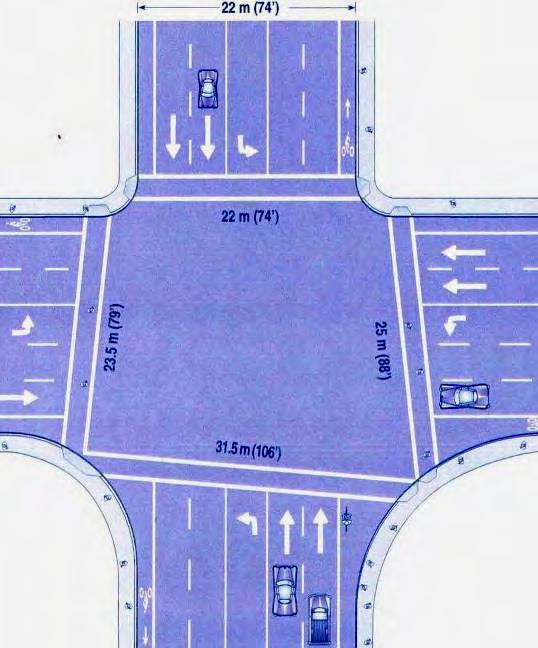 Reduce corner radii Large radii: 1. Increase crossing distance 2. Make crosswalk & ramp placement more difficult 3.