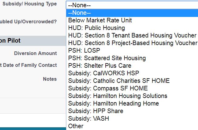 Subsidy/ Housing Type 5) Added more options to Subsidy/ Housing Type field, created