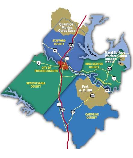 THE FREDERICKSBURG REGION Greater Fredericksburg Region The Fredericksburg Region has a total population over 360,000 Located 50 miles south of Washington D.C. and 50 miles north of Richmond, VA Stafford & Spotsylvania counties are projected to be the fastest growing D.