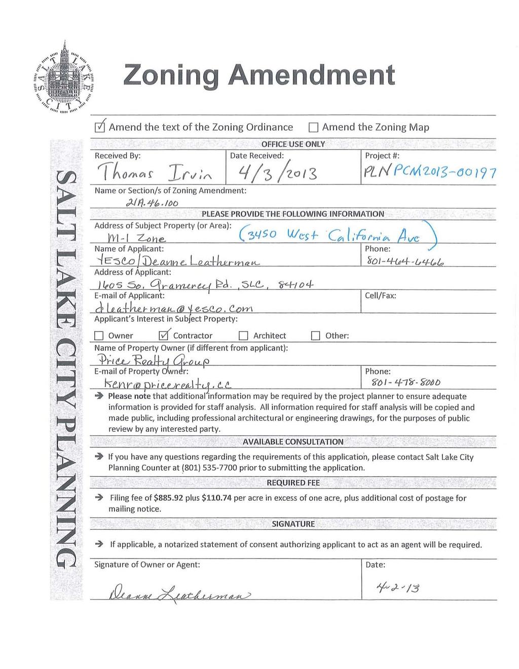 Zoning Amendment 0' Amend the text of the Zo ning Ordinance D Amend t he Zo ning Map Received By: 'ThOfl\O r Trv,'" Name or Section/s of Zoning Amendment: ;J../ ft 4'h.
