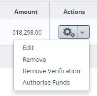 To do this: select Verify Funds from the Actions cog for that Line Item. Once Verified: select Authorise Funds to Authorise the FI to withdraw funds from the trust account.