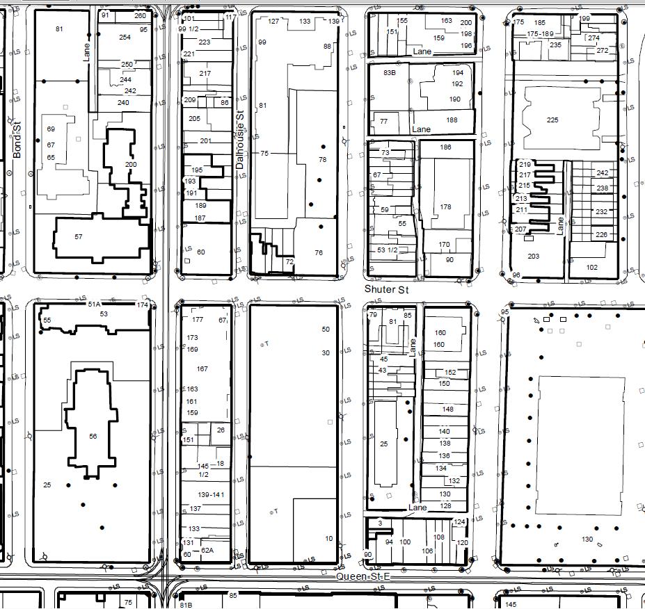 IMAGES: The arrows mark the location of the properties at 79-85 Shuter Street. Please note: all maps are oriented with north at the top, unless otherwise indicated. 1.