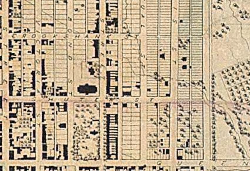 6. J. Stoughton Dennis, Topographical Plan of the City of Toronto (detail), 1851: North of the lots facing Queen Street, Park Lot 6 is subdivided with narrow lots running east west and fronting on to