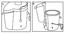 Insert the top end first and then push down the bottom end. 3. Place the juice collector into the appliance. Make sure the rim is flush with the motor unit. 4.