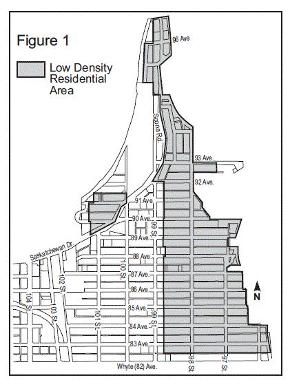 LOW DENSITY RESIDENTIAL AREA Background The low density residential area includes the area north of 82 Avenue to 97 Avenue, and east of 99 Street to the Mill Creek Ravine.