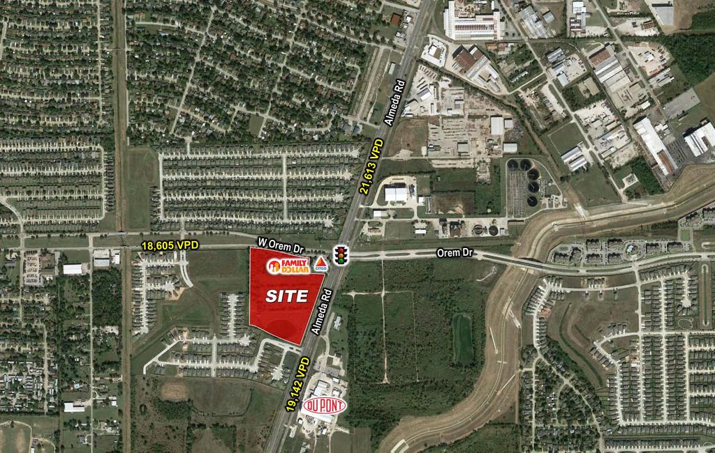 HIGHLIGHTS LOCATOR MAP DEMOGRAPHICS +/-15 acres available as pad sites at the SWC of Almeda Rd & Orem Dr in Houston, Texas. Located in a very densely populated area.
