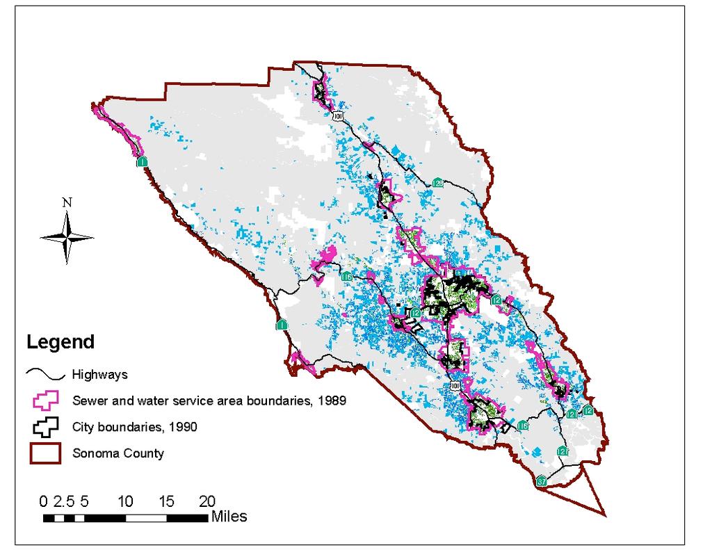 FIGURE 1: Residential Density Patterns in 2001 for Sonoma County, California Land use legend Suburban very-high density ( 4 units per acre) = Dark green high density (1 to 4 units per acre) = Light