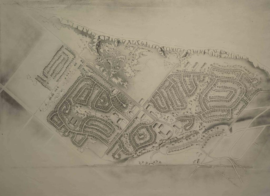 VILLAGE MAP A drawing of Guildwood Village from an aerial view.
