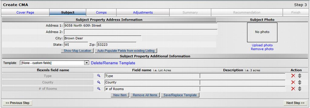Subject Tab The Subject tab allows you to either auto-populate the fields from an existing listing using the MLS number, or manually enter the information for the property you are creating the CMA