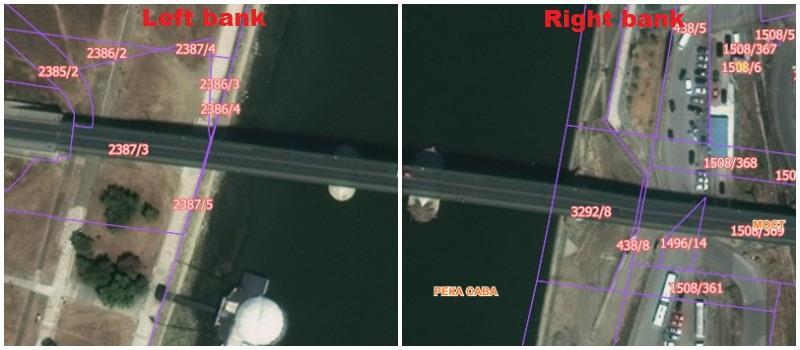 Figure 4. Old Sava Bridge (the left and right Sava bank) on overorthophoto and cadastral map (GeoSerbia, 2018) Figure 4 shows how the Old Sava Bridge is presented on the cadastral map.