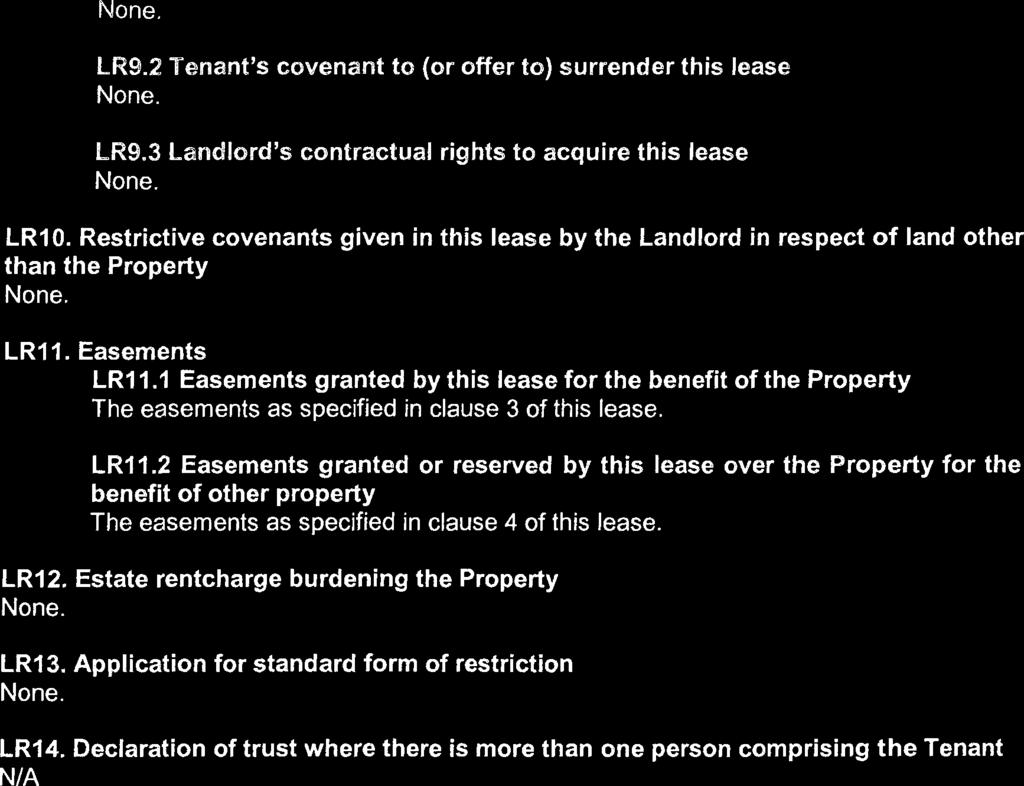None. LR9.2 Tenant's covenant t~ (or offer to) surrender this lease None. L129.3 Landlord's contractual rights to acquire this lease None. LR10.