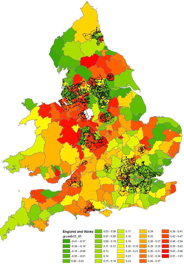 And unintended consequences: Commuters jump the Green Belt in search of affordable space Change in proportion of