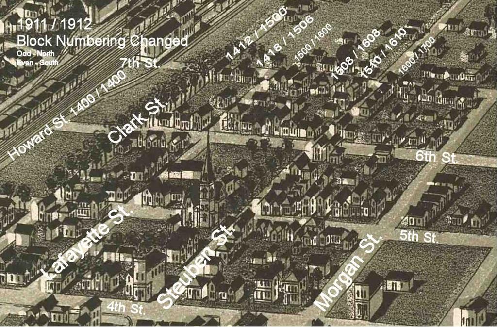 Welin Swanson 1888 Sioux City Map4(1) In 1911 the numbering of houses east of Howard St. changed. 1412 Seventh St at Clartk St. became 1500 Seventh St. 1500 Seventh St. at Lafayett St.