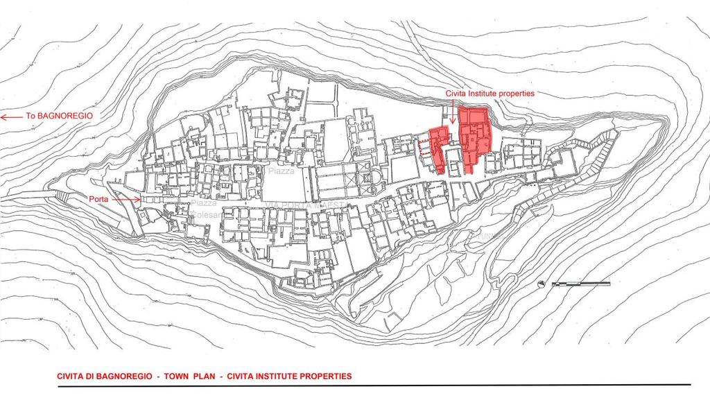 The Civita Institute Facilities. The Civita Institute owns a compact collection of historic masonry buildings, grouped around a courtyard and garden, at the northeast area of Civita di Bagnoregio.