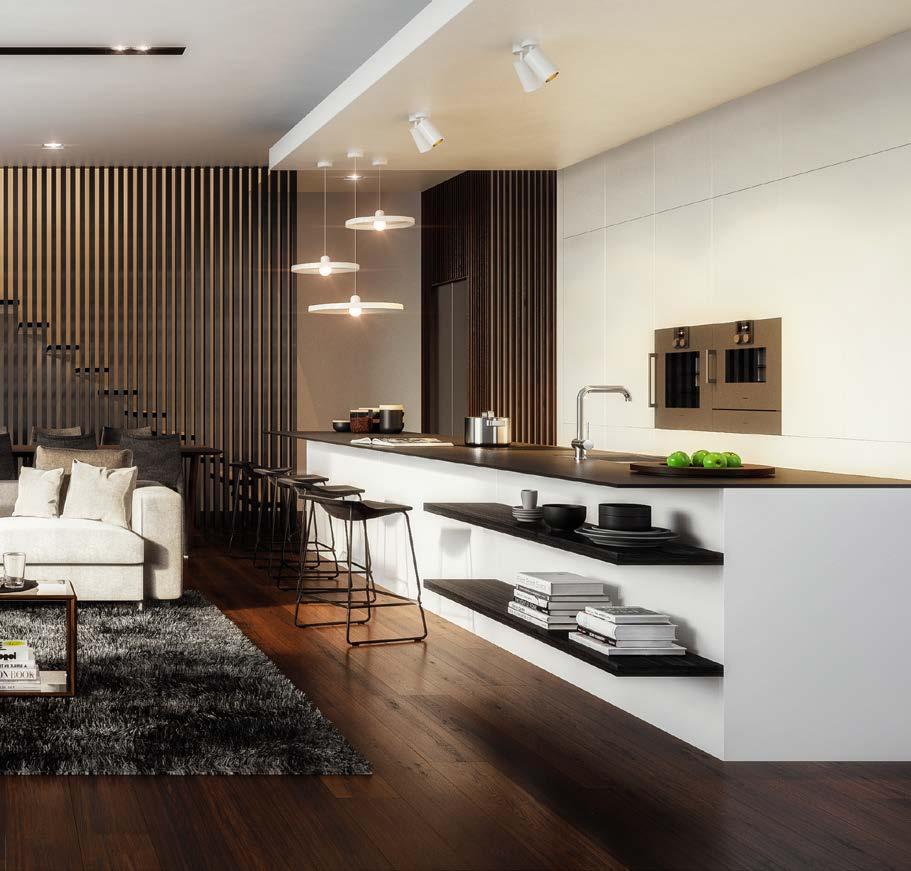 The elements of the living and cooking spaces fit together with lightness and precision, creating an environment animated by patterns of light and rich texture.