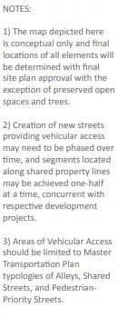 (Figure 7) recommends a new network of public vehicular, bicycle, and pedestrian streets or alleys, and recommends new general locations for new or enlarged public open spaces.