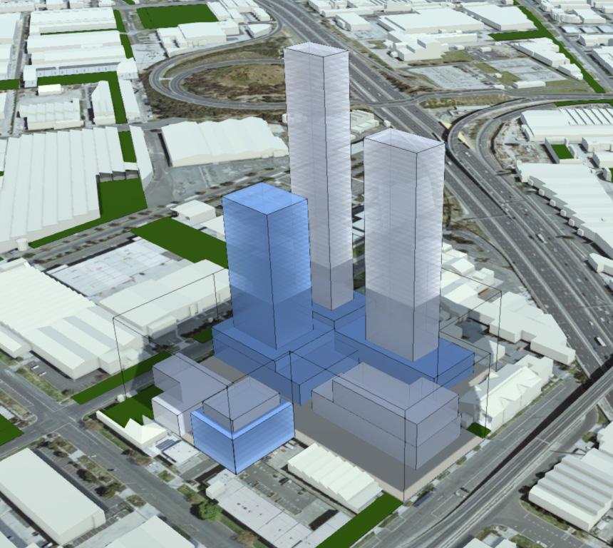 Commercial located in podiums and concentrated in one commercial building Outline indicating 18 storey height limit currently in place Height concentrated to the north-west of the site to ensure no