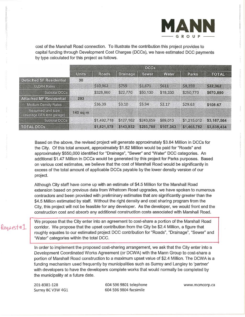 MANN --GROUP-- cost of the Marshall Road connection.