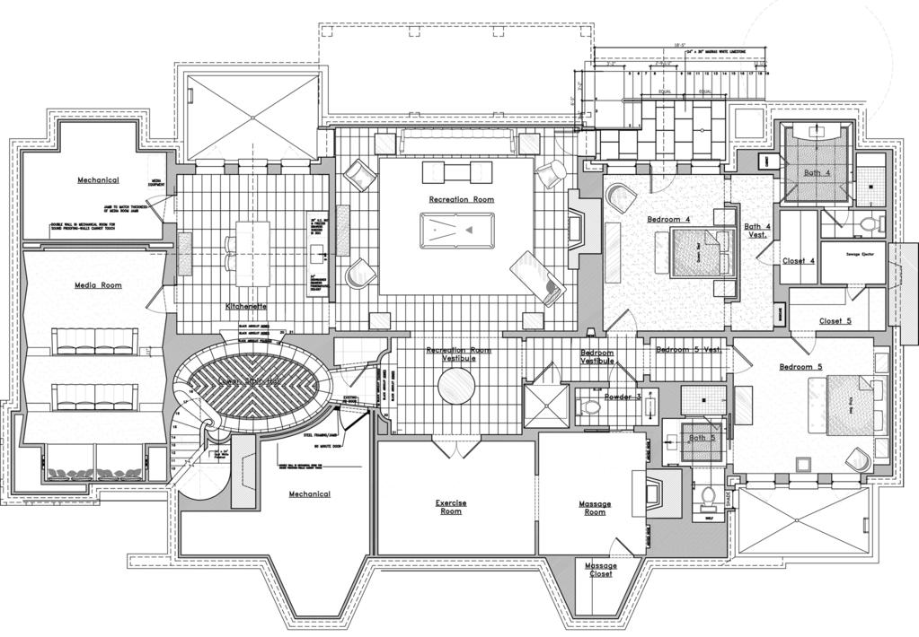Lower Level - Oval Landing - Large Recreational Area with Fireplace - Kitchenette with Center Island and Sink - Theater with Stadium