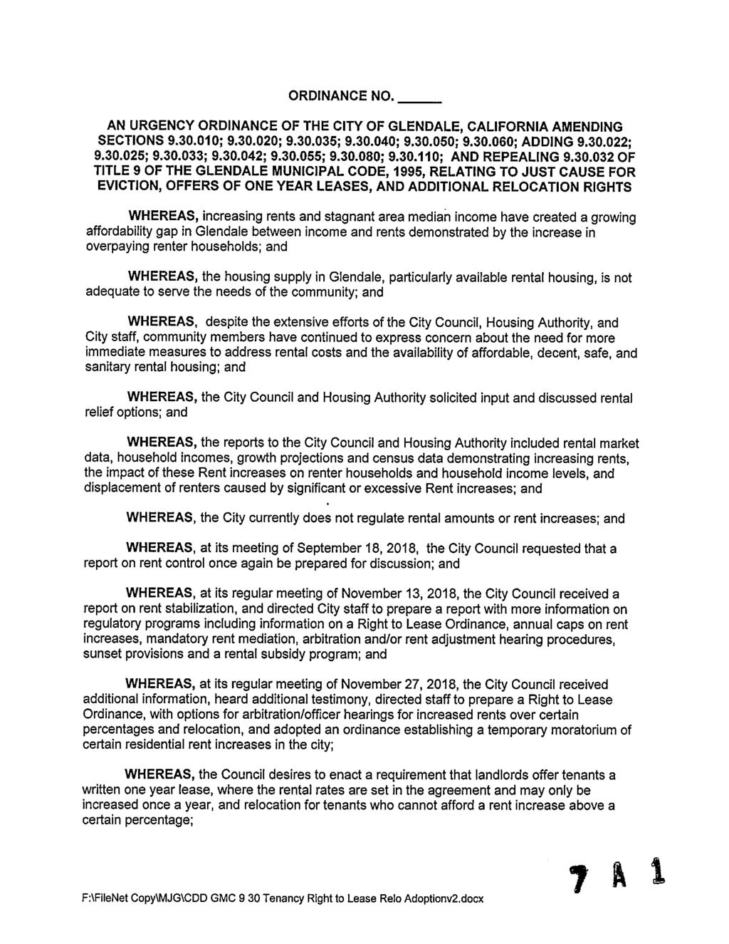 ORDINANCE NO. AN URGENCY ORDINANCE OF THE CITY OF GLENDALE, CALIFORNIA AMENDING SECTIONS 9.30.010; 9.30.020; 9.30.035; 9.30.040; 9.30.050; 9.30.060; ADDING 9.30.022; 9.30.025; 9.30.033; 9.30.042; 9.