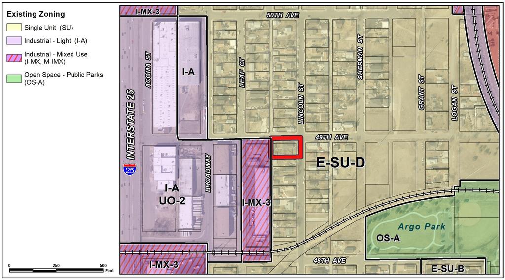 Page 4 The following table summarizes the existing context proximate to the subject site: Site North South East West Existing Zoning E-SU-D E-SU-D E-SU-D E-SU-D I-MX-3 Existing Land Use Single-unit