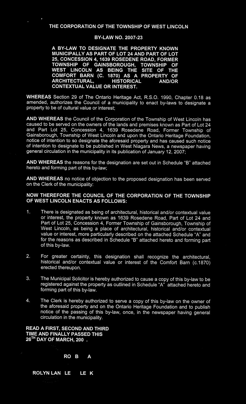THE CORPORATION OF THE TOWNSHIP OF WEST LINCOLN BY-LAW NO.