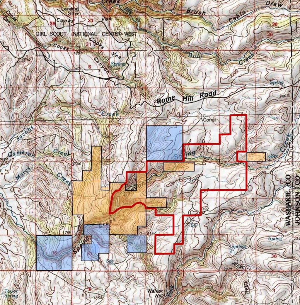 Deeded Acres BLM Land State Land Topo map of the Yorgason Mountain Camp showing State and BLM lands that border the property. Access is via the Rome Hill Road (located north of the property).