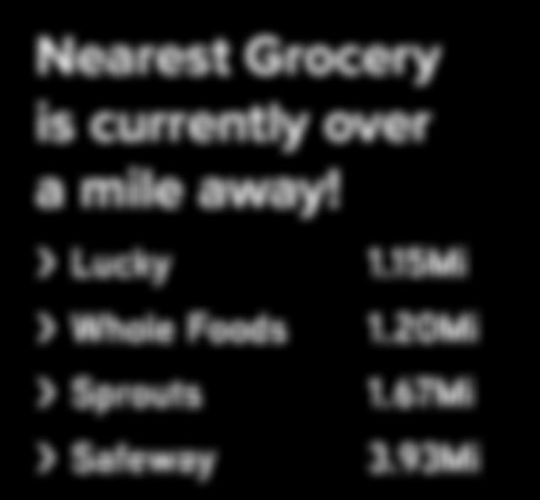 a mile away! > > Lucky 1.15Mi > > Whole Foods 1.20Mi > > Sprouts 1.67Mi > > Safeway 3.