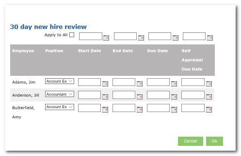 If all the employees should have the same dates, you can enter the dates in the row above the gray box and click the Apply to All checkbox.