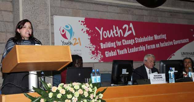 Severine Macedo, National Secretary for Youth Affairs, Brazil addresses Youth 21 forum in Nairobi, Kenya.