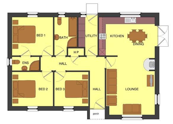 ECOHome Type 2 The Cottage HT2: THE COTTAGE 1075sqft / 100m 2 Floor Plan OPTION A Kitchen/Dining Lounge Bedroom 1 Ensuite Bedroom 2 Bedroom 3 Bathroom Hotpress Hall 5.7x3.35m / 18 8 x 11 4.28x5.