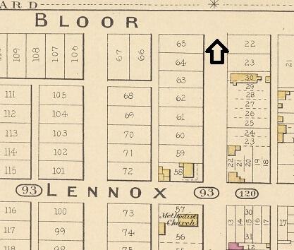 Goad's Atlas, 1884, south (left) and north (right) of Bathurst-Bloor The arrow marks the Bathurst-Bloor intersection in the above and following maps.
