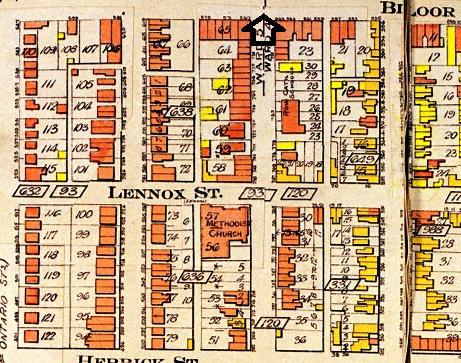 Goad's Atlas, 1910 revised to 1912, south (left) & north (right) of Bathurst-Bloor The arrow marks the Bathurst-Bloor intersection.