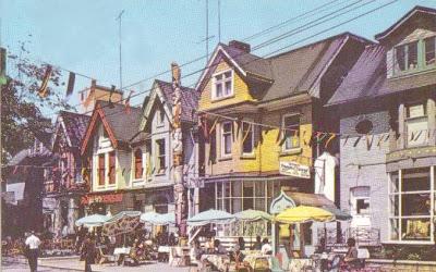 Mirvish Village, showing the east side in the 1960s (above left, Chuckman's Post Cards),