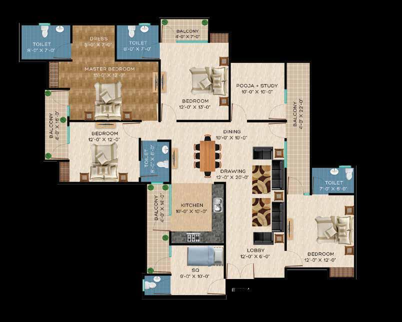 Super Area 2500 SQ FT* 4 BHK + SQ + MEDITATION * All Floor Plan area dimensions and specifications are indicative