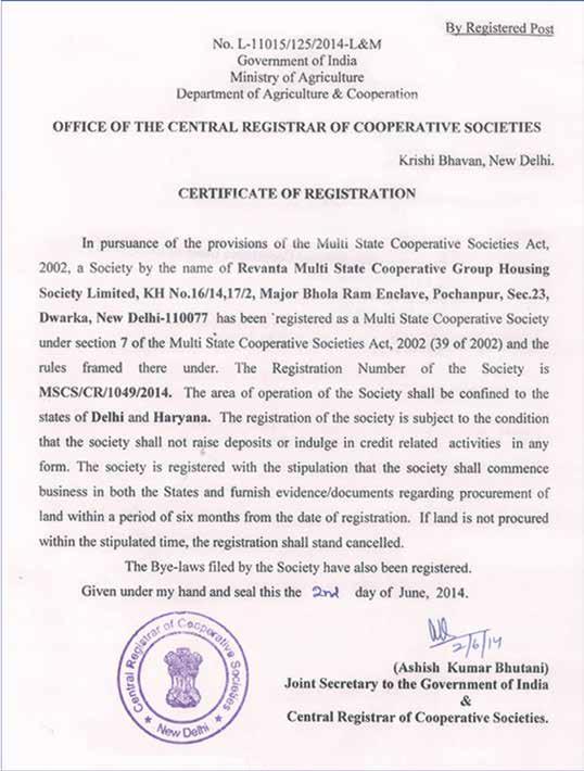 Certificate Of SOCIETY REGISTRATION Please * refer to S. No. 1049 for registration details of REVANTA MULTI STATE C.G.H.
