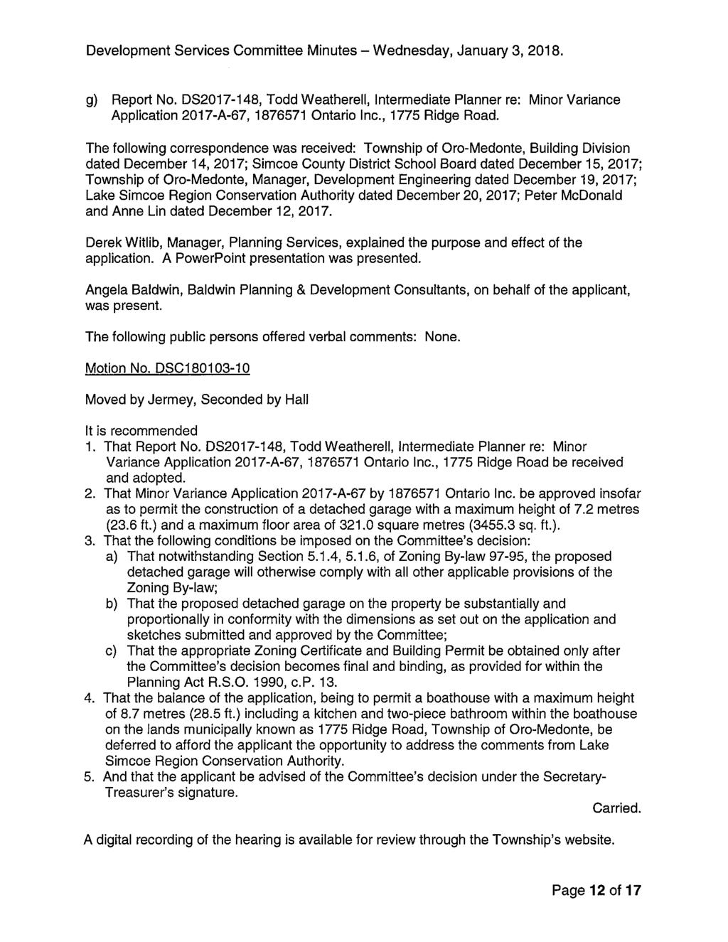 g) Report No. DS2017-148, Todd Weatherell, Intermediate Planner re: Minor Variance Application 2017-A-67, 1876571 Ontario Inc., 1775 Ridge Road.