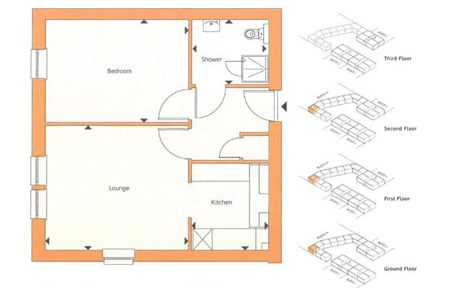 Type C1A One bedroom apartment / 50.4m 2 / 542.5ft 2 Ground floor Block 4 Apartments 35 First floor Block 4 Apartments 45 Second floor Block 4 Apartments 55 Lounge 3.