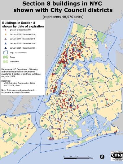 Section 8 buildings in NYC shown with City Council districts (represents 48,570 units) Buildings in Section 8 shown by date of expiration present to December 2005 January 2006 - December 2010 January