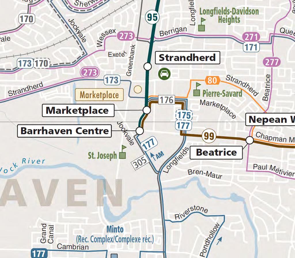 .0 SITE INVENTORY AND ANALYSIS 7. Transit Network The subject property is located within 00 metres of Strandherd and Marketplace Stations and within 600 metres of Barrhaven Centre Station.